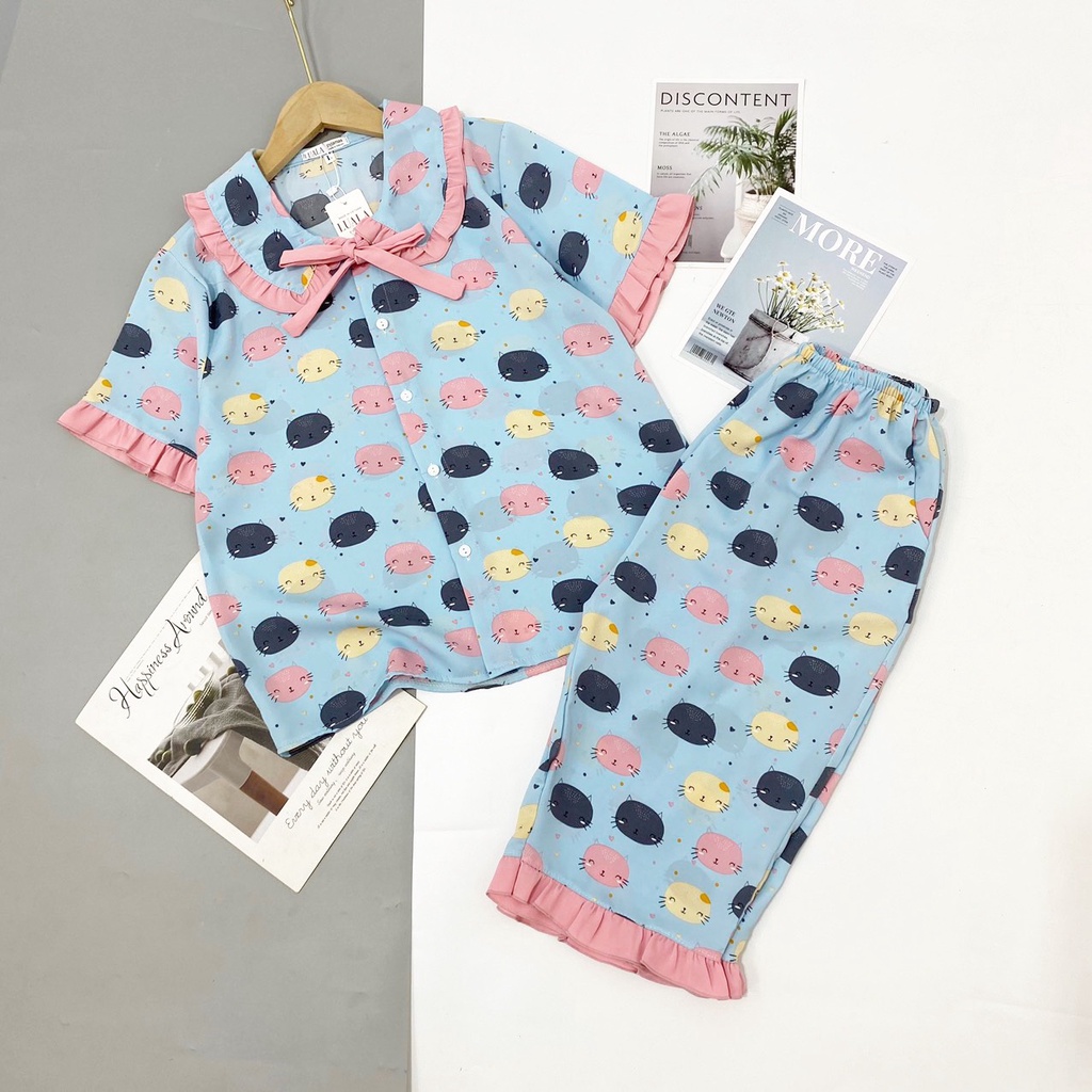 Bộ đồ ngủ nữ quần lửng lụa mango cổ phối nơ , hàng thiết kế có size 40-65kg -  Pyjamas House