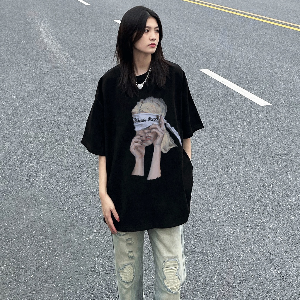 Áo phông unisex nữ BEAST STREET vintage đen cổ tròn áo thun nữ form rộng 100% cotton