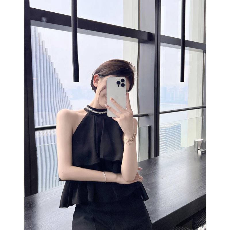 Áo sơ mi voan hai dây bèo nhún đính kim cương áo yếm lệch vai