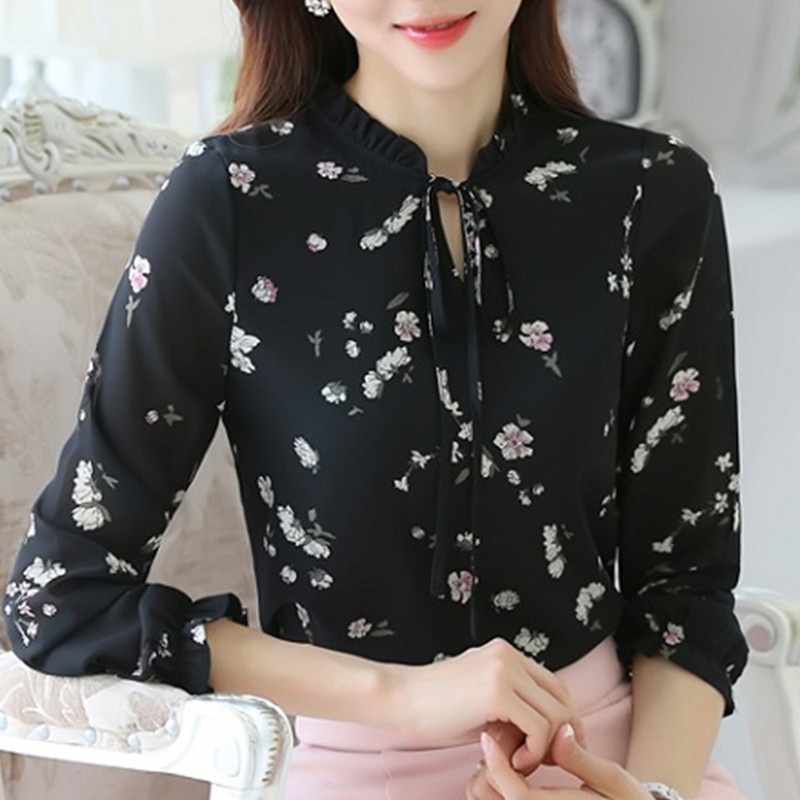 Áo Chiffon Nữ Tay Dài Họa Tiết Hoa Màu Đen