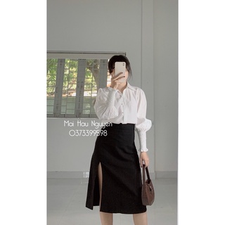 Áo sơ mi tay bo chun đính cúc ngọc