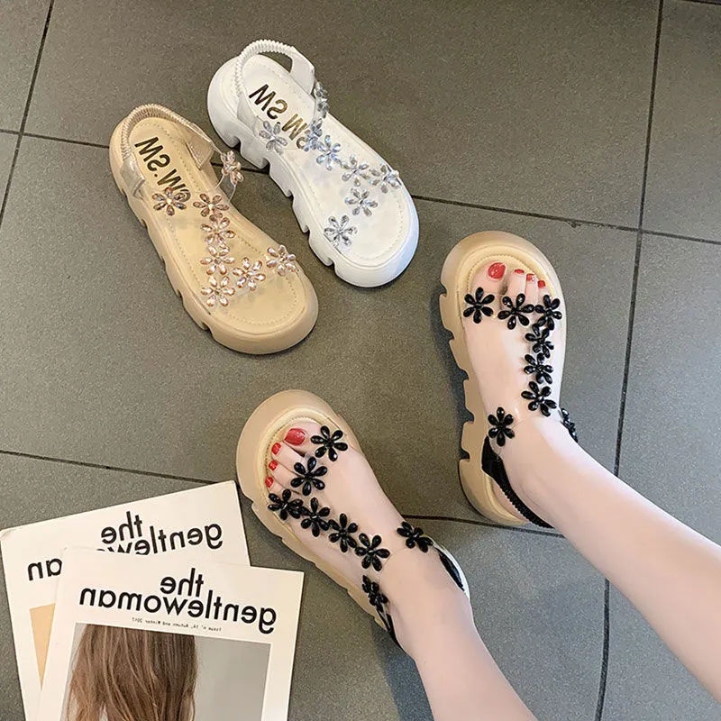 Giày Sandal Đế Dày Tăng Chiều Cao Trong Suốt Đính Hoa Thời Trang Đi Biển Mùa Hè