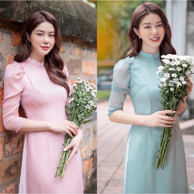 Áo Dài Cách Tân Vai Bèo Von Tơ Mềm_ Áo Dài May Sẵn 2 Màu Xanh và Hồng