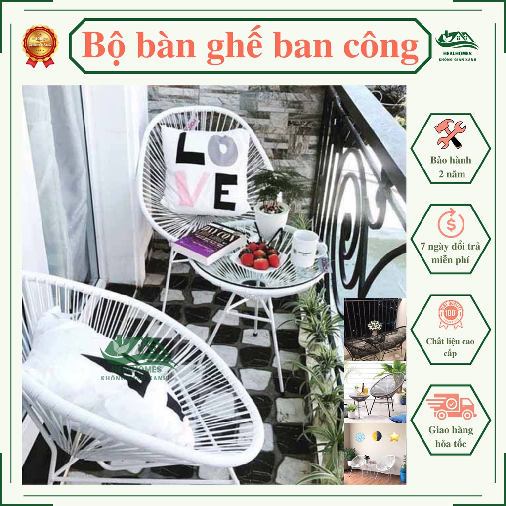 Bộ bàn ghế ban công gồm 1 bàn và 2 ghế mây đan, bộ bàn ghế thư giãn trang trí phòng khách sân vườn cà phê / Healhomes