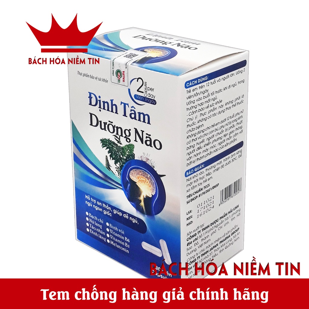 Viên uống an thần ĐỊNH TÂM DƯỠNG NÃO - giúp dễ ngủ, ngủ sâu giấc - thành phần thảo dược an toàn khi sử dụng - Hộp 30V