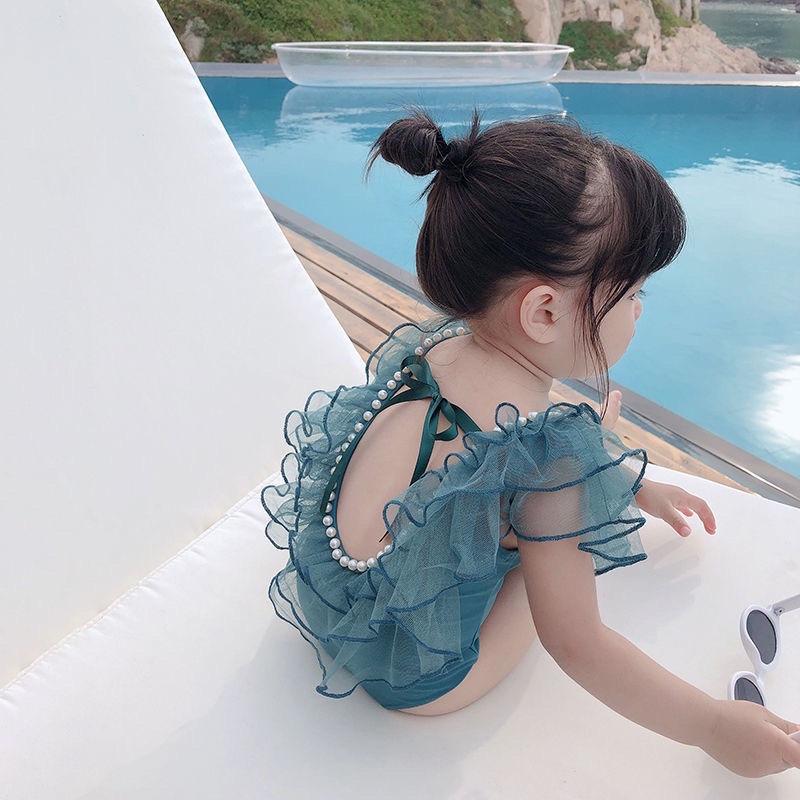 Bikini đồ bơi công chúa viền ren đính ngọc hàng quảng châu cao cấp cho bé gái