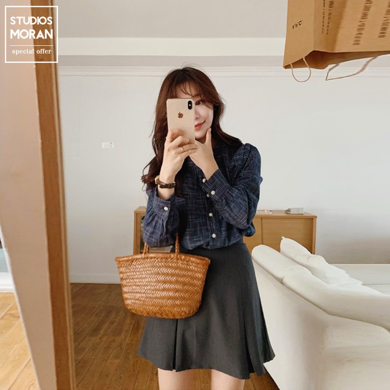 (ORDER) Set áo sơ mi MORAN + Chân váy xếp ly xòe dài style Hàn Quốc