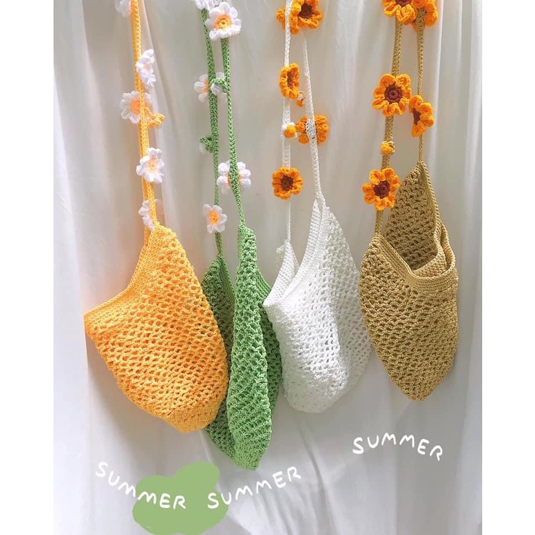 Túi Len Đeo Chéo Đính Hoa Cúc Trắng Handmade - Crochet Daisy Bag - Nhận đan móc theo yêu cầu