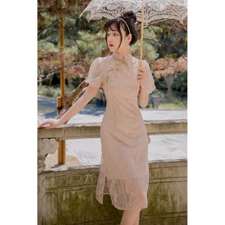 Sườn xám ren tay phồng trang nhã nữ tính (có hình thật)