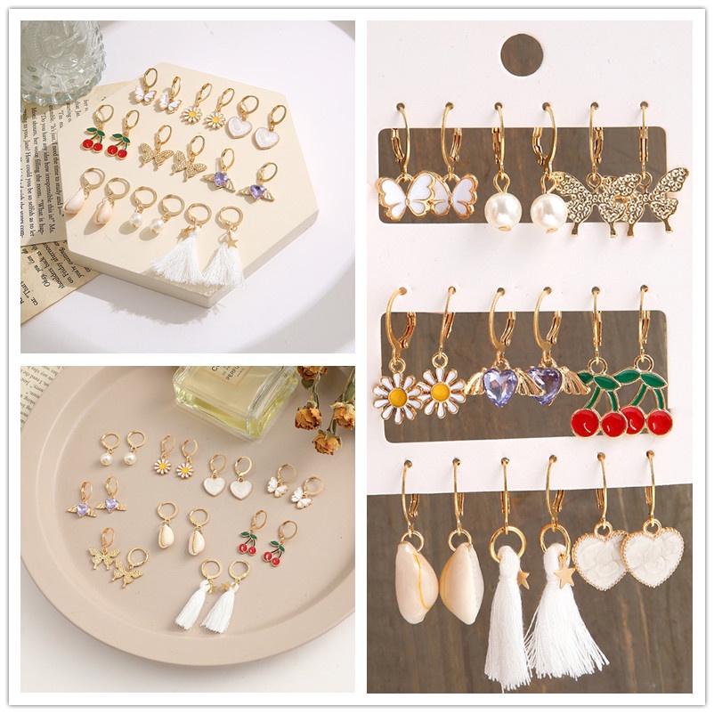 Set 9 Đôi Khuyên Tai Hợp Kim Đính Đá Nhiều Kiểu Dáng Thời Trang Cho Nữ