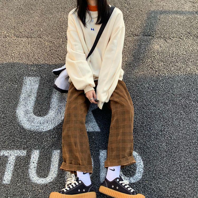 Quần Dài Ống Rộng Họa Tiết Ca Rô Phong Cách Hàn Quốc Dành Cho Nữ