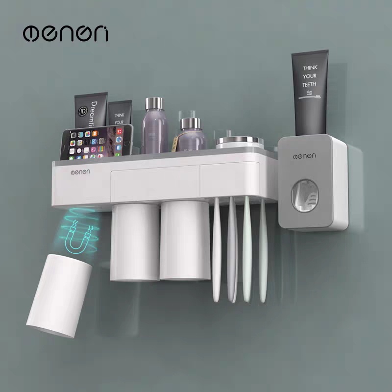 Giá treo bàn chải đánh răng oenon Kèm hộp nhả kem đánh răng tự động lắp đặt dán tường gạch men