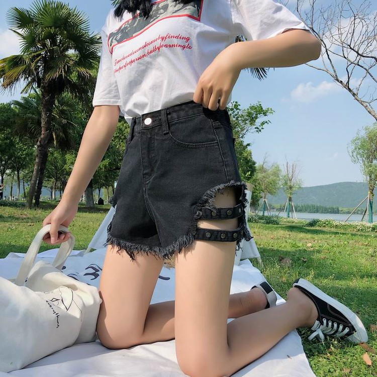 [Hàng có sẵn]Quần shorts jean nữ lưng cao Ulzzang Quảng Châu QNJ5