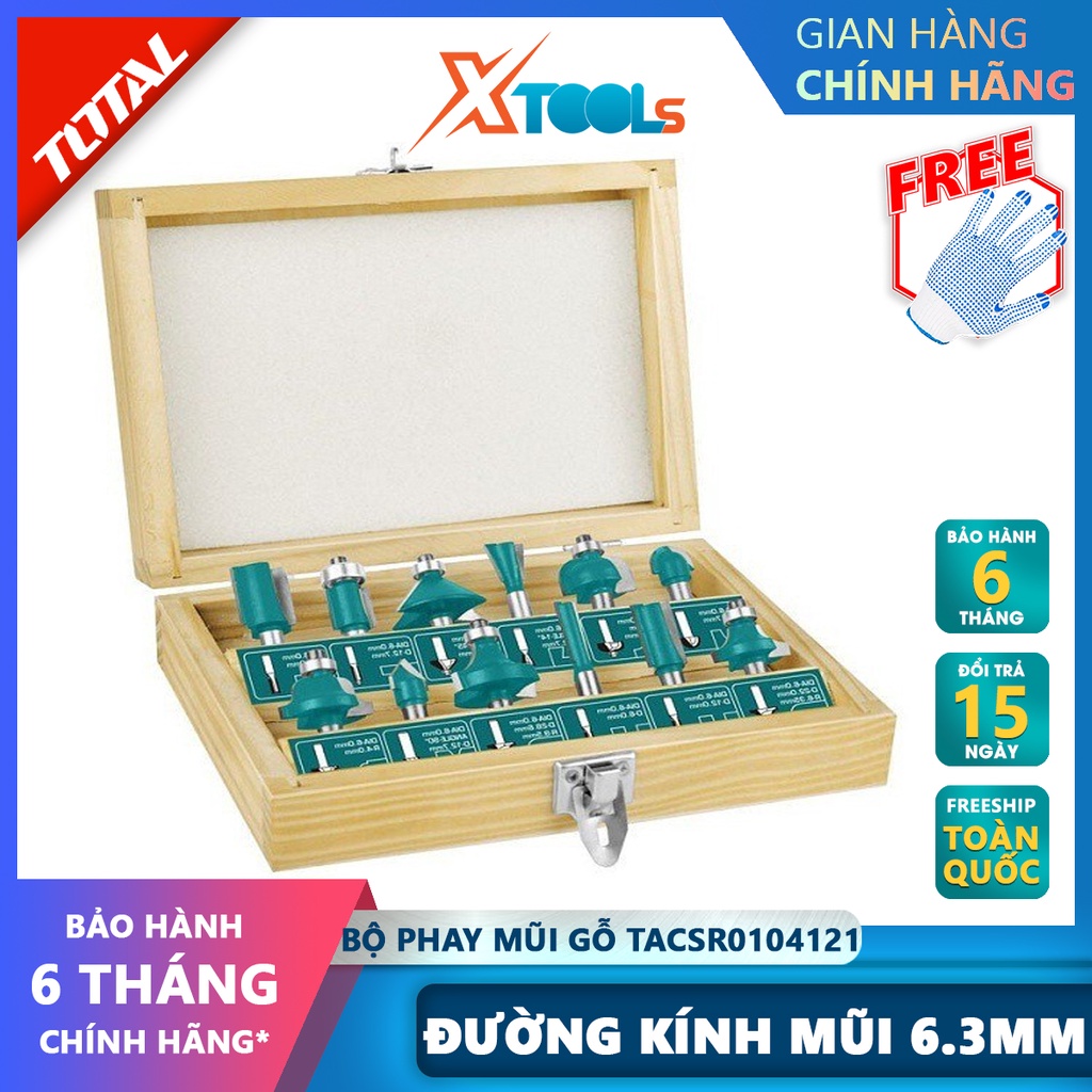 Bộ mũi phay gỗ TOTAL bộ 12 mũi phay soi gỗ Đường kính mũi từ 1/4&quot;(6.3mm)-1/2&quot; (12.7 mm), Gồm 3 mũi thẳng 6mm, 12mm, 16mm