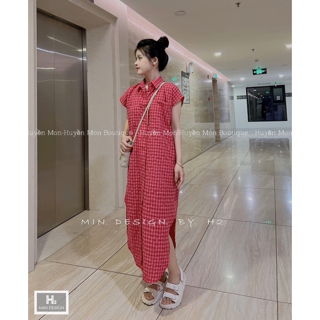 Đầm Sơ Mi Dáng Suông Kẻ Caro Hồng Đô Siêu Cá Tính