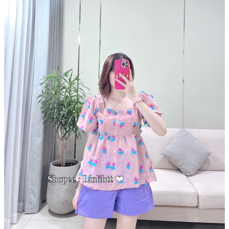 LOAI 1-Set dâu Set bộ babydoll tiểu thư hoạ tiết tim nổi áo cổ vuông đính ngọc set bộ nữ ngắn set hồng dâu set nữ dâu