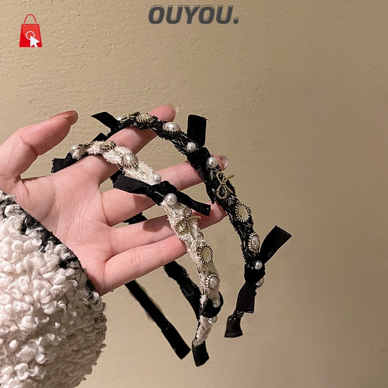 Băng Đô Nhung Đen Đính Ngọc Trai Phong Cách Hàn Quốc JP1