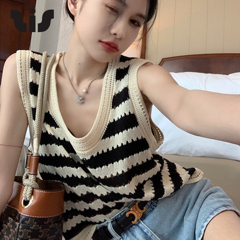 Áo Tanktop Dệt Kim Dáng Rộng Kẻ Sọc Cá Tính Thời Trang Hàn Quốc Cho Nữ