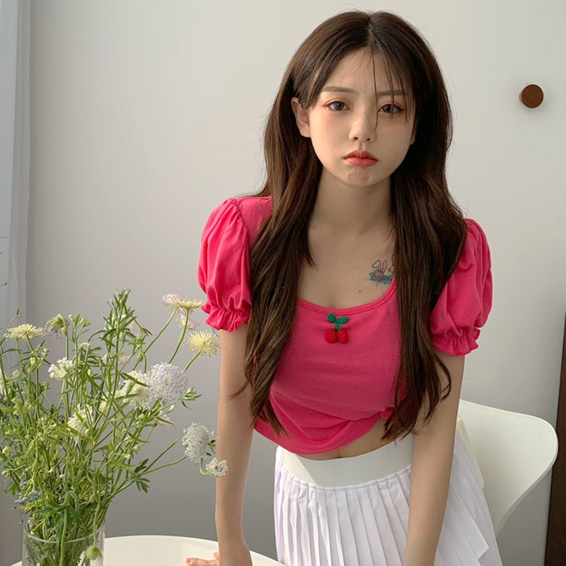 Áo Thun Crop Top Tay Ngắn Phồng Cổ Tròn In Họa Tiết Quả Anh Đào Thời Trang Mùa Hè Phong Cách Hàn Quốc Cho Nữ