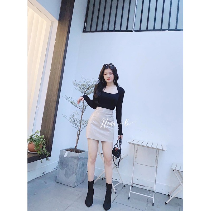 Áo thun gân cổ yếm vuông tôn dáng