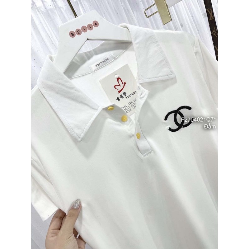 Đầm thun trắng polo dáng suông đuôi cá xếp ly ngực thêu logo cổ bẻ tay con!