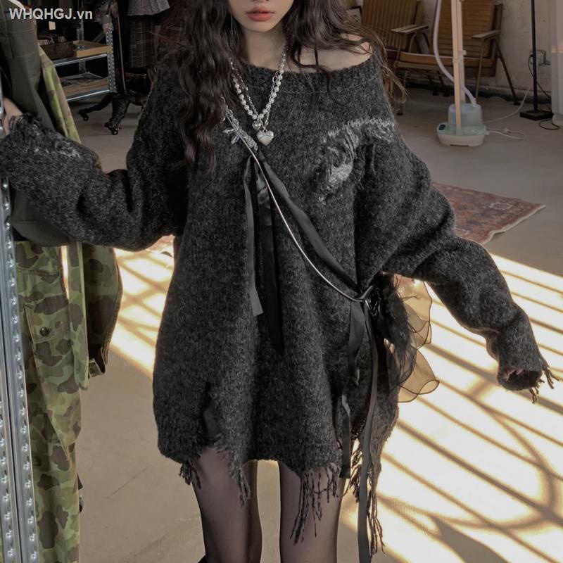 Áo sweater dệt kim dáng rộng tay dài phối rách kiểu retro đường phố thời trang mùa thu 2022
