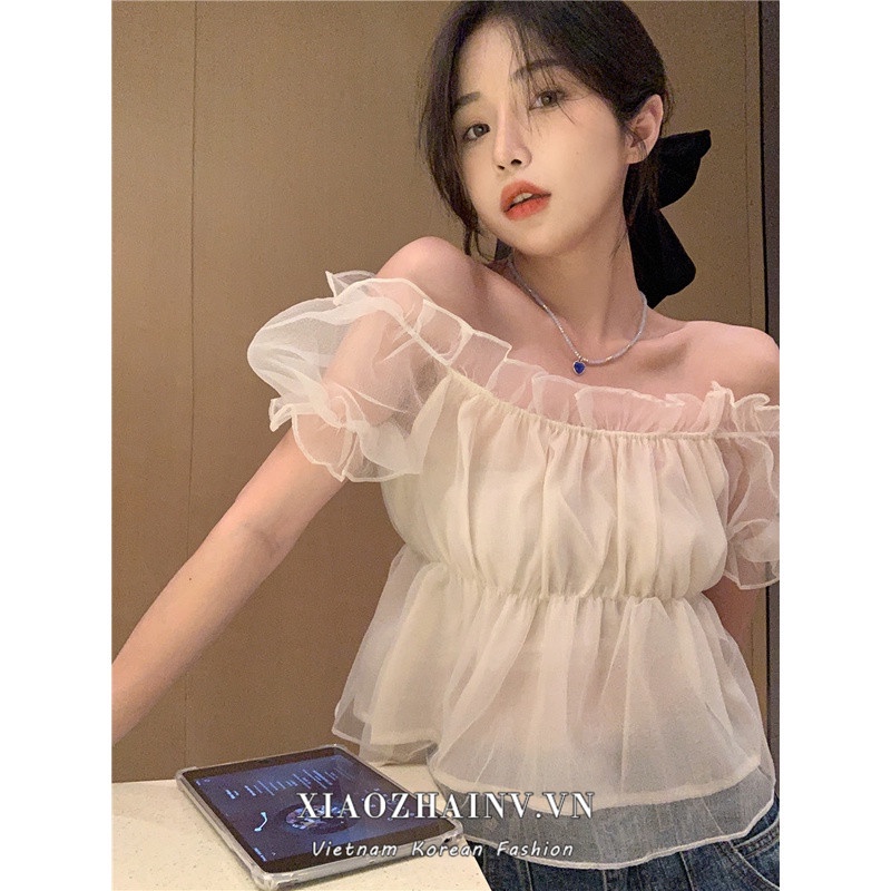 Xiaozhainv Áo Kiểu chiffon Tay Phồng Trễ Vai Phong Cách Pháp Thời Trang Cho Nữ