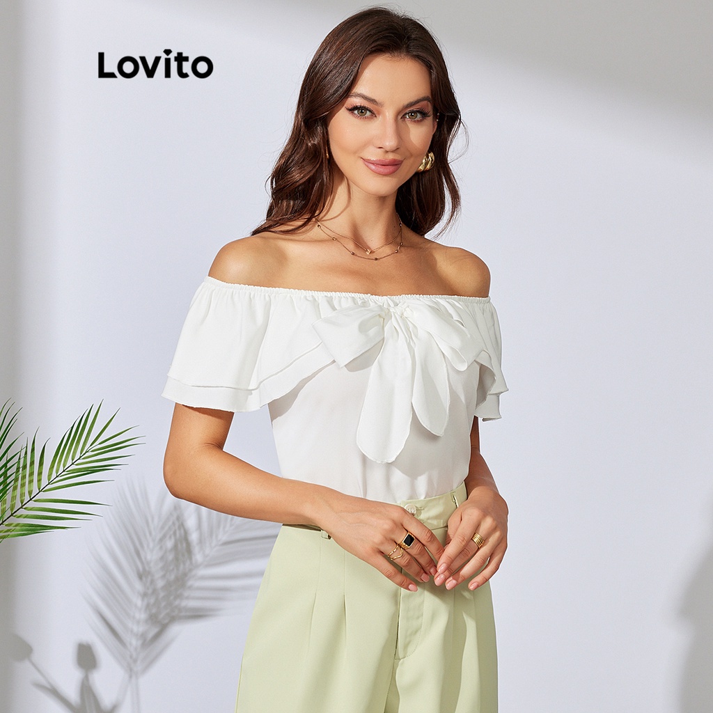 Áo Lovito trễ vai xếp lớp thắt nút màu trơn phong cách lãng mạn L30LD149 (màu trắng)