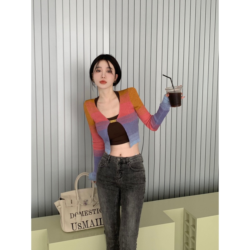 QADCOL Áo Khoác Cardigan Dệt Kim Tay Dài Dáng Ngắn Mỏng Nhẹ Họa Tiết Kẻ Sọc Thời Trang Mùa Hè Phong Cách Cổ Điển Cho Nữ