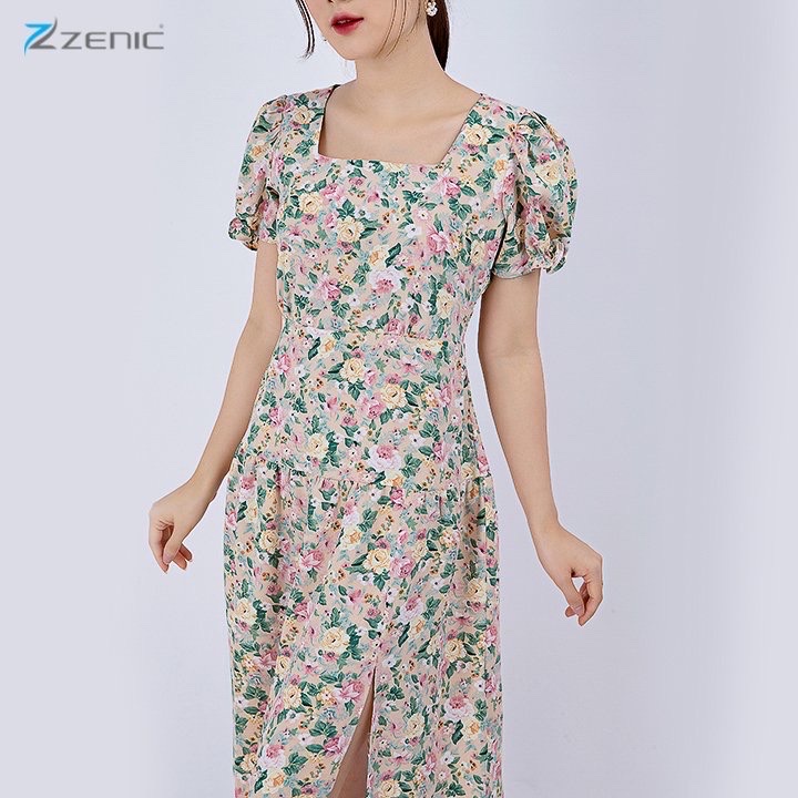 Đầm liền nữ Viscose hoa nhí tay ngắn bồng cổ vuông xẻ tà – ZENIC