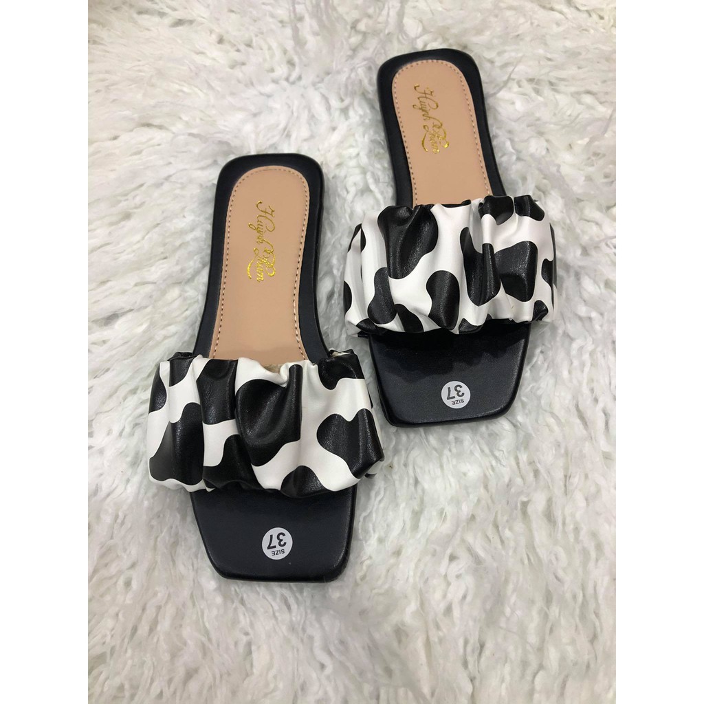 dép quai ngang nữ nhúm thun họa tiết bò sữa siêu hot mẫu mới 2021