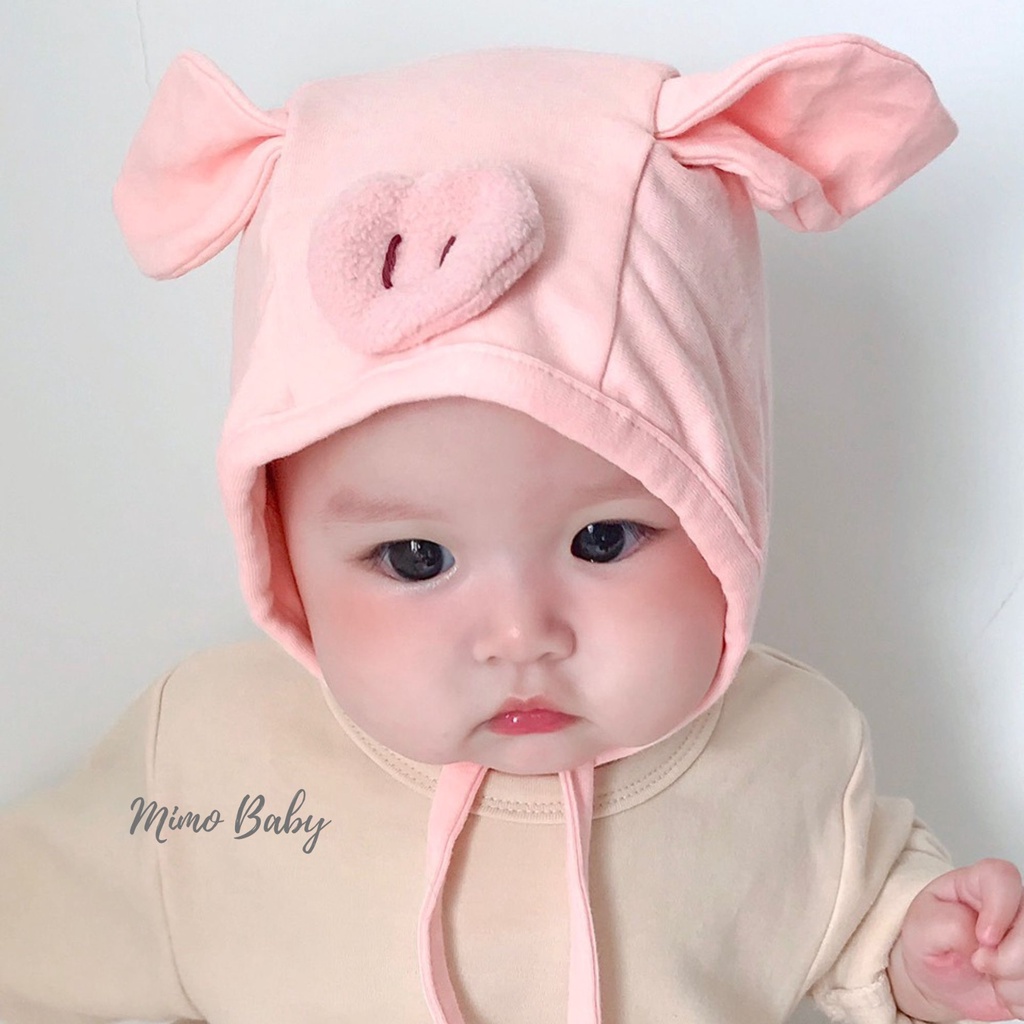 Mũ cotton buộc dây hình heo hồng dễ thương cho bé MD154 Mimo Baby
