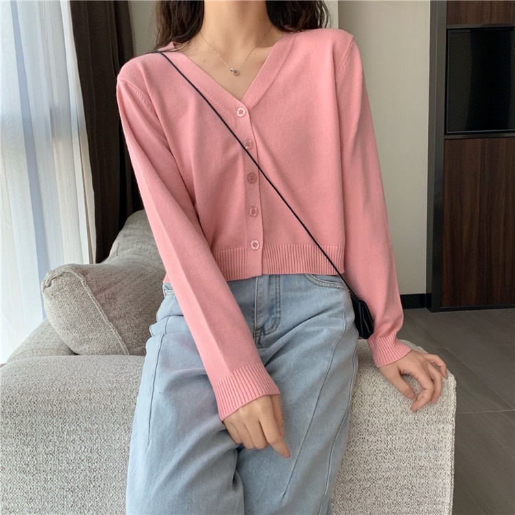 SUXI Áo Len Tay Dài Cổ Chữ V Màu Sắc Đơn Giản Phong Cách Hàn Quốc Cho Nữ