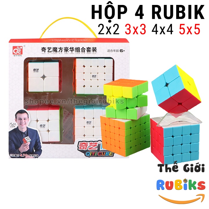 Hộp 4 Rubik QiYi 2x2 3x3 4x4 5x5 Stickerless Cao Cấp Đồ Chơi Thông Minh Tặng Kèm Cuốn Công thức QiYi CFOP Hướng Dẫn Giải