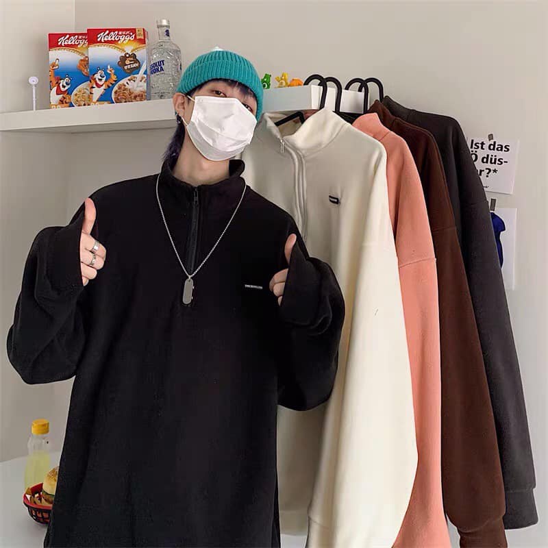 Áo khoác bông nỉ khoá cổ cao logo phom rộng Freeship extraONE UNISEXThời trang Unisex phong cách hàn quốc nam nữ