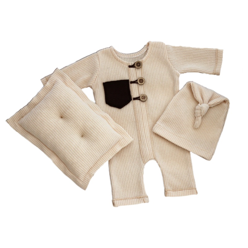 Bộ 3 Món Gồm Áo Liền Quần Bằng Cotton Thắt Nút Kèm Gối Và Mũ Làm Đạo Cụ Chụp Ảnh Cho Bé Trai