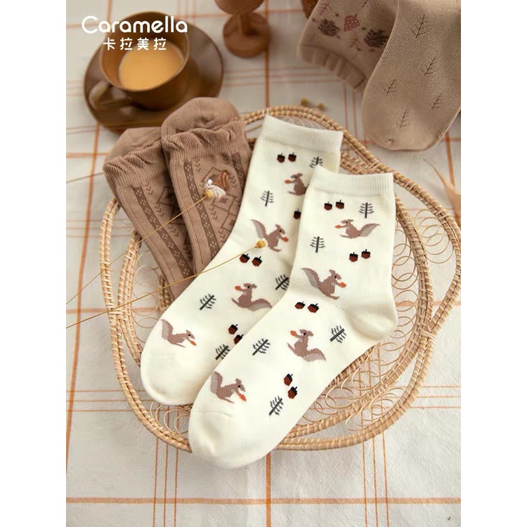 Set 3 đôi tất cổ cao Bivota vớ nữ nâu tây họa tiết nhí cực dễ thương T106