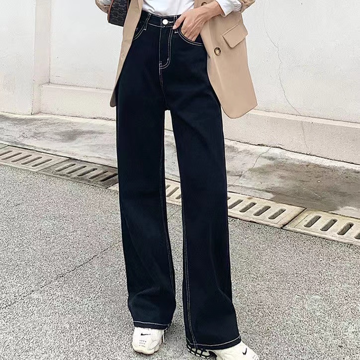Quần Jeans Đen Lưng Cao Ống Rộng Phong Cách Hàn Quốc Cho Nữ
