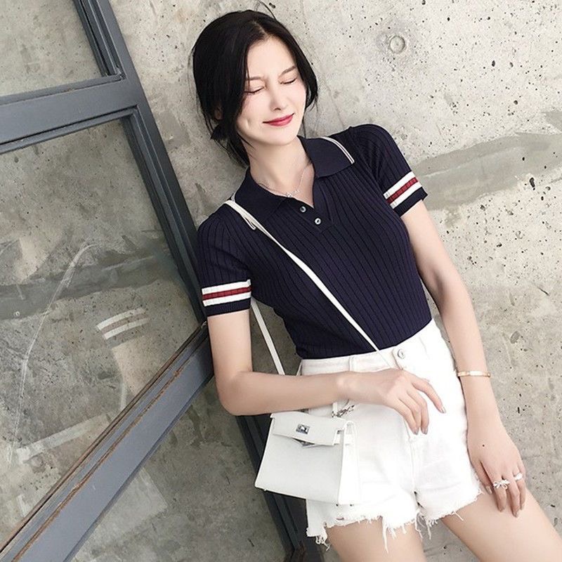Áo Len Dệt Kim Cổ Bẻ Nút Sọc Tay Ngắn | Smide Clothing