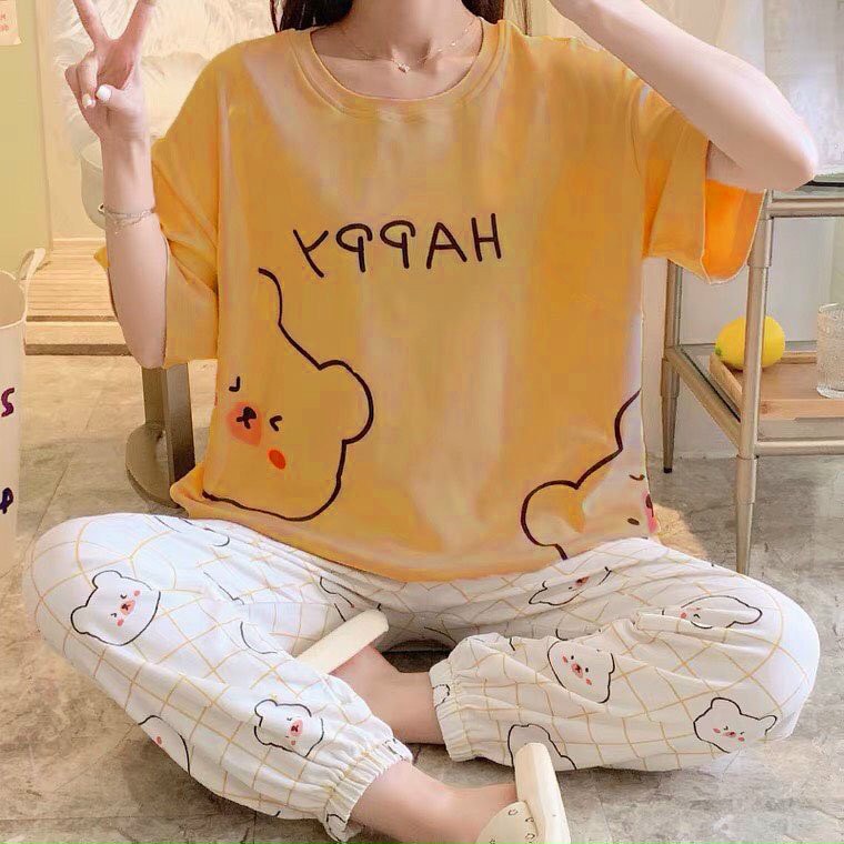 Đồ bộ nữ, Đồ bộ thu đông, Đồ bộ mặc ở nhà cho nữ, Đồ bộ ngủ thun dành cho nữ in hình CHÚ GẤU HAPPY VÀNG HOT