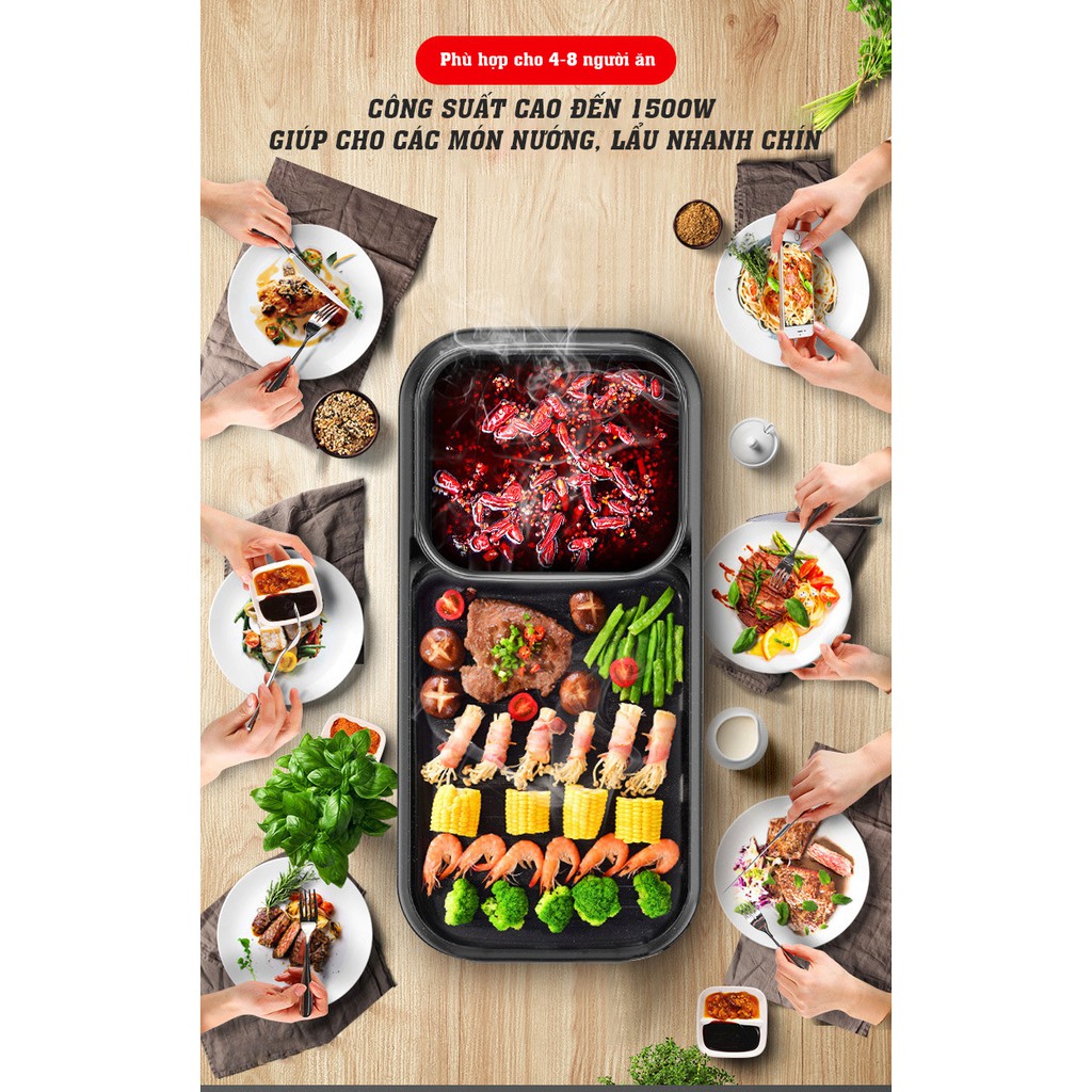 Bếp Nướng Lẩu 2 Ngăn Dài ⚡ ĐA NĂNG ⚡ Nồi lẩu nướng điện 2 trong 1 tiết kiệm điện năng- GD201
