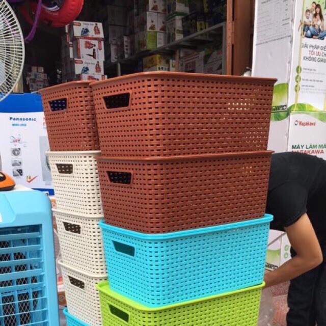 Giỏ Đựng Đồ Bằng Nhựa Có Nắp Giả Mây Kiểu Hàn Quốc HSL