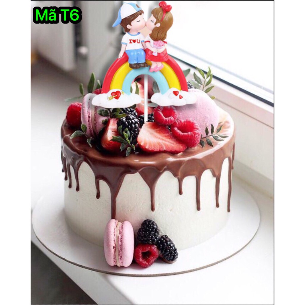 Phụ Kiện Trang Trí Bánh Sinh Nhật Bánh Kem - SET 10 THẺ CẮM GIẤY CẶP ĐÔI NGỒI CẦU VỒNG mẫu T6