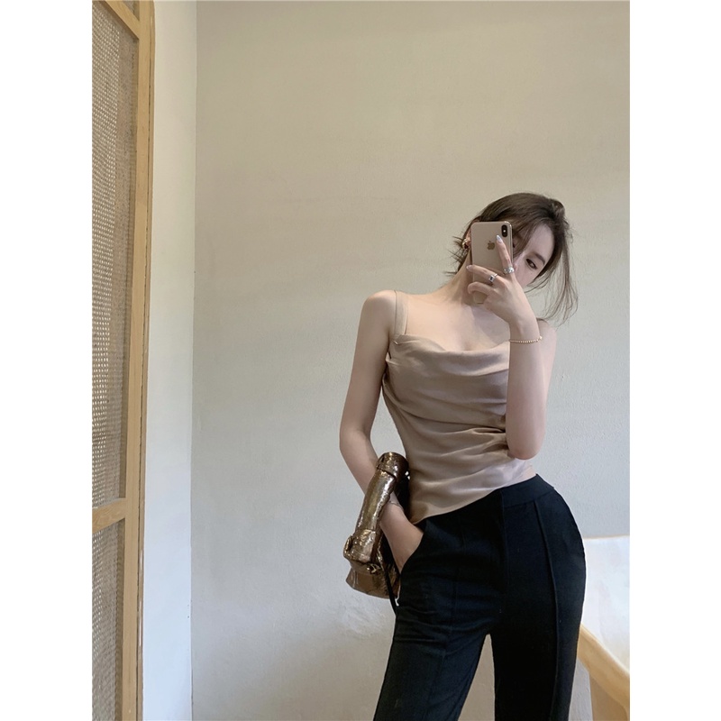Áo hai dây bằng vải satin xếp ly thời trang cho nữ