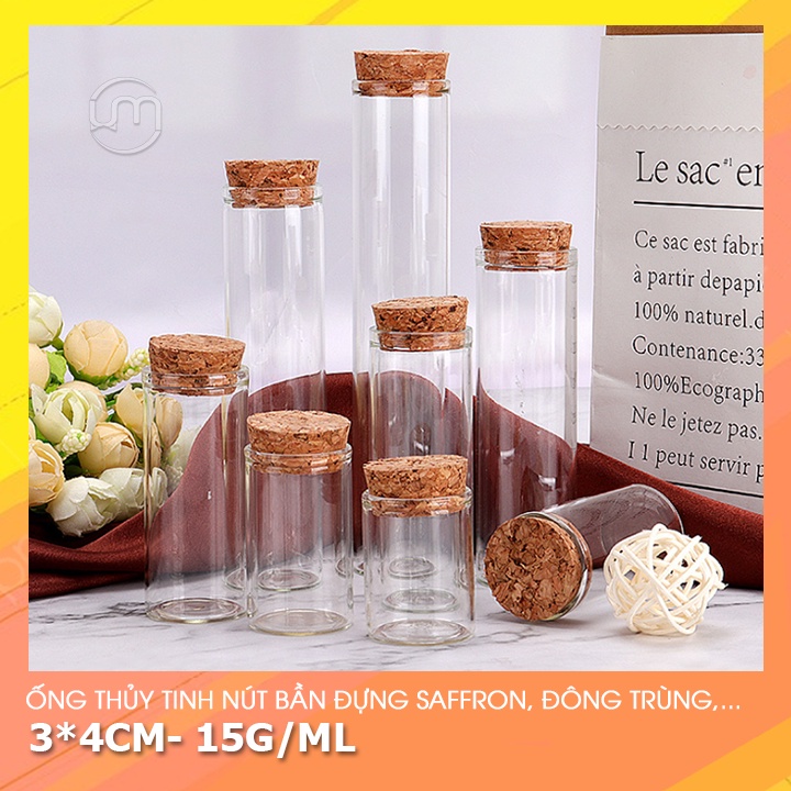 3*4cm- Ống thủy tinh nút bần đáy bằng đựng saffron, đông trùng hạ thảo,...