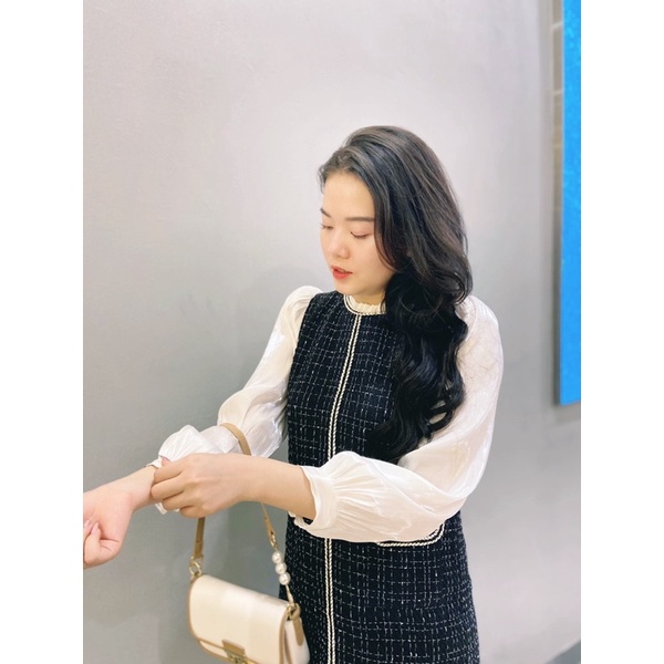 VÁY ĐẦM DẠ TWEED BIGSIZE ĐEN VIỀN TAY TƠ NHŨ - CHLOE DRESS - IZYBYNHI