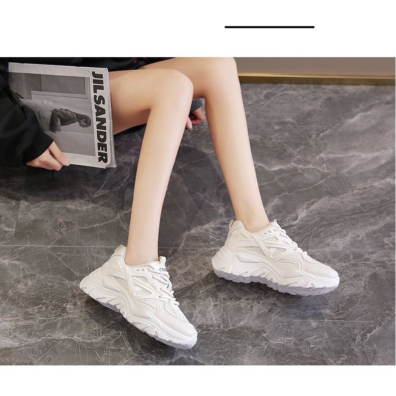 [FULL BOX] Giày Thể Thao Nữ, Giày Sneaker Nữ Độn Đế Da Mềm Phối Lưới Phong Cách Ulzzang, M64 Lisa