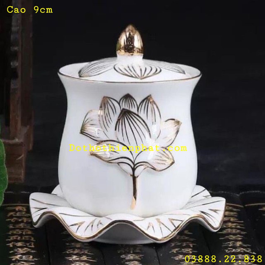 Chung nắp hoa sen bạch ngọc gốm sứ nhiều kích thước