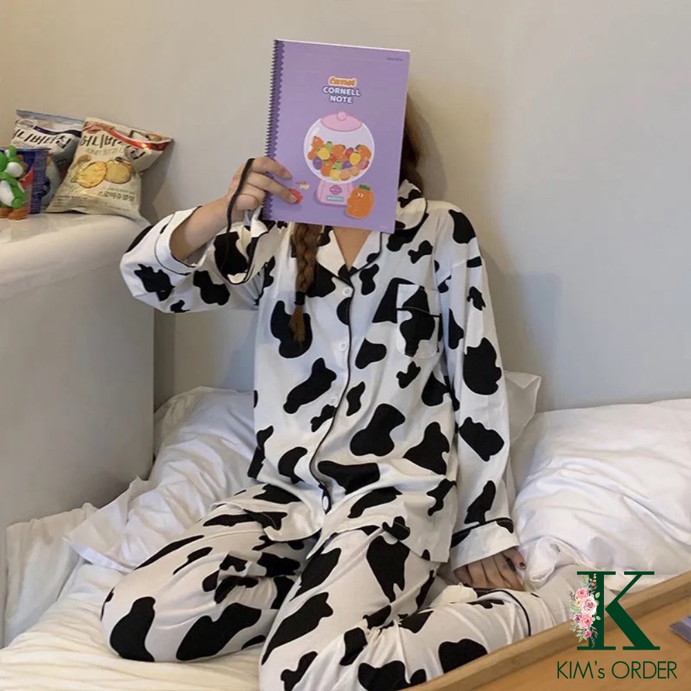 Set bộ mặc nhà pyjama dài tay, ngắn tay hoạ tiết bò sữa phong cách Ulzzang Hàn Quốc thời trang