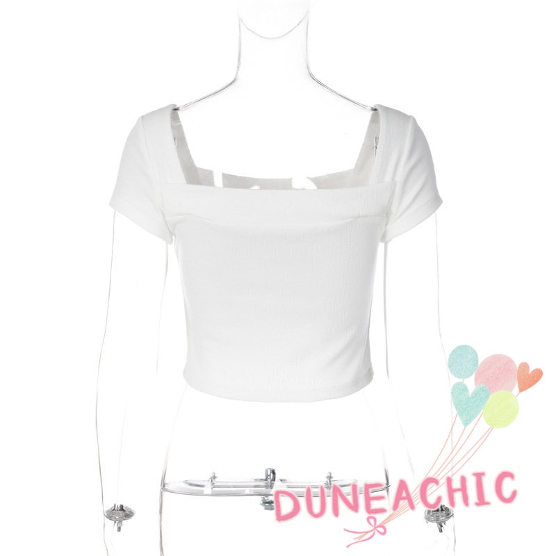 DUNEA Áo Thun Crop Top Tay Ngắn Cổ Vuông In Họa Tiết Thời Trang Cho Nữ